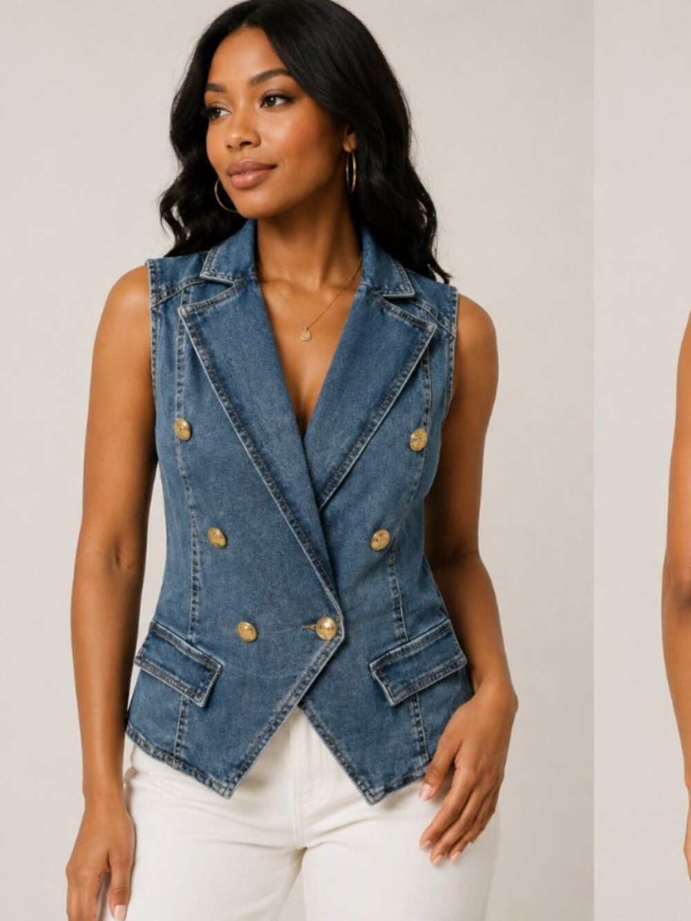 Dictionary Women's Fashion Denim Vest Blazer Double- Breasted Blue Gold Buttons